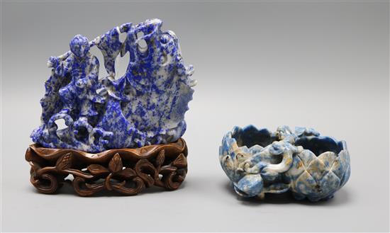 A Chinese lapis lazuli dragon-fish group, wood stand and a brush washer